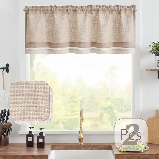 jinchan Linen Farmhouse Valances for Living Room Windows 16 Inch Slubbed Crossed Double Layer Window Valances Light Filtering Rustic Country Overlay Rod Pocket 2 Panels Blush Beige