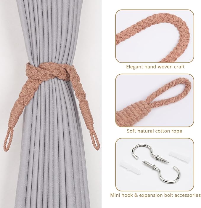 NICEEC 4 Pack Natural Cotton Rope Curtain Tiebacks Elegant Boho Style Decorative Drape Tie Backs Soft Hand-Woven Rope Curtain Holdbacks with Metal Hook for Home & Office Drapery (Reddish Brown)