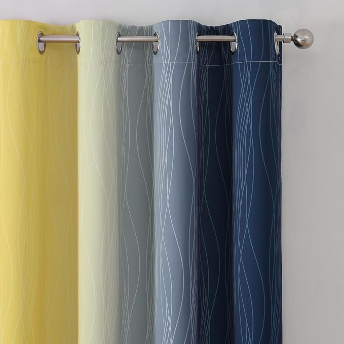 Estelar Textiler Navy Blue and Yellow Blackout Curtains 63 Inch Length 2 Panels Set, Full Room Darkening Grommet Ombre Curtains for Bedroom, Thermal Insulated Light Blocking Gradient Drapes,52Wx63L