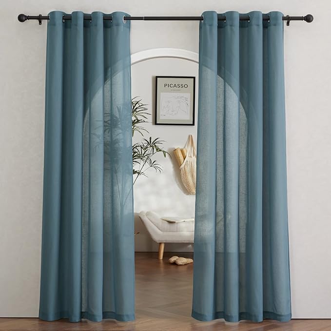 NICETOWN Sheer Linen Curtains 84 inch Long for Bedroom, (Smoke Blue) Grommet Privacy Semitransparent Light Filtering Flax Sheer Window Treatment for Living Room, W52 by L84, Set of 2