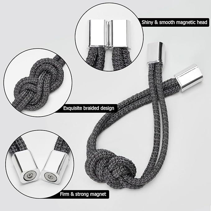 NICEEC 4 Pack Mini Magnetic Curtain Tiebacks Nordic Simple Style Drape Tie Backs Elegant Hand Weave Rope Knot Decorative Curtain Holdbacks for Home & Office Thin Window Drapery (Dark Grey)