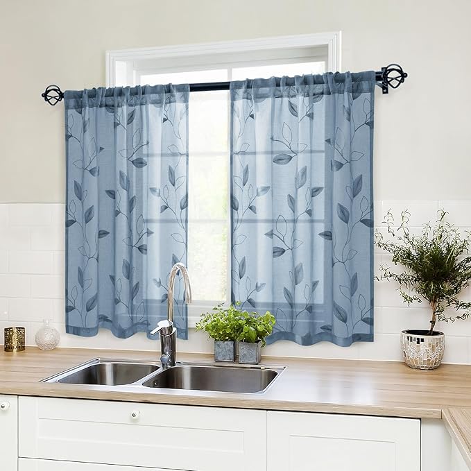 HOMEIDEAS Stone Blue Sheer Kitchen Curtains 30 X 24 Inch Length 2 Panels Embroidered Leaf Pattern Short Bathroom Window Curtains for Small Window Valance Tiers