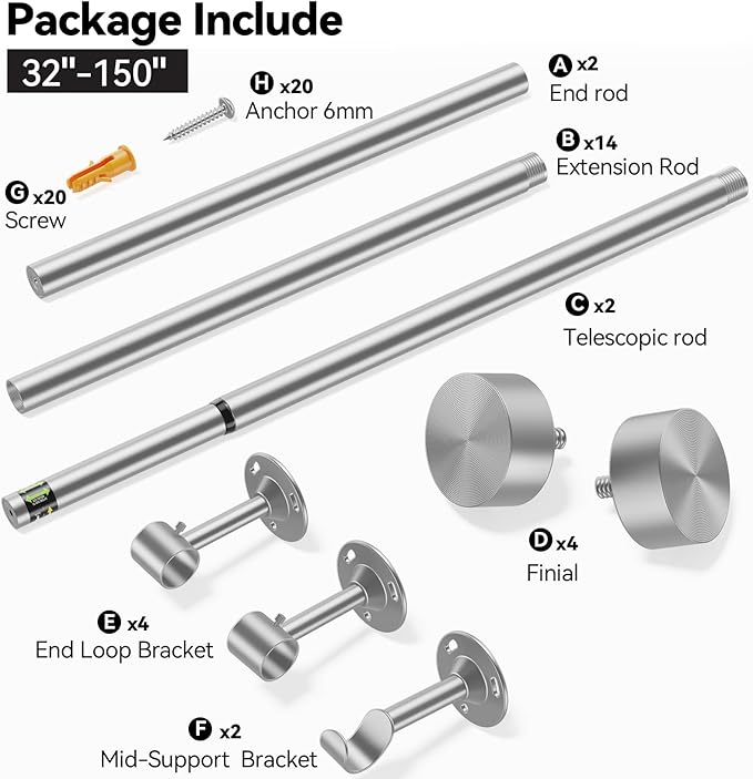 YaFex 2 Pack Heavy Duty Curtain Rods 32-150 Inch, 1 Inch Adjustable Extra Long Curtain Rod for Windows, Silver Window Treatment Rods Set with Aluminium Finials, Modern Design