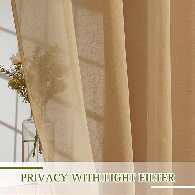 NICETOWN Sheer Linen Curtains 84 inch Long for Bedroom, Grommet Privacy Semitransparent Light Filtering Flax Sheer Window Treatment for Living Room, Desert Yellow, W52 by L84, 1 Pair