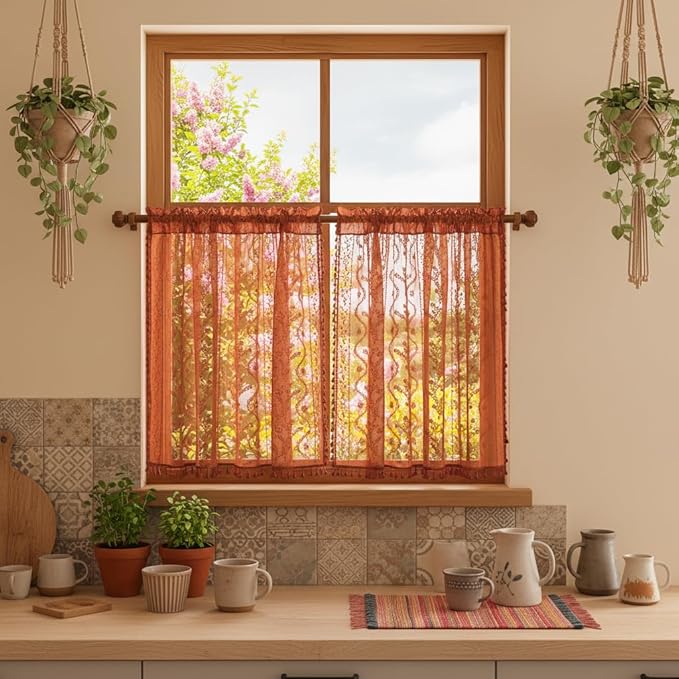 WAZZIO Boho Lace Curtains 45 Inch 2 Panels-Vintage Sheer Panel Drape Floral Pattern & Tassel Light Filtering Privacy for Bedroom Dining Living Room,Cottage Earthy Full Decor Terracotta,W52 x 45L