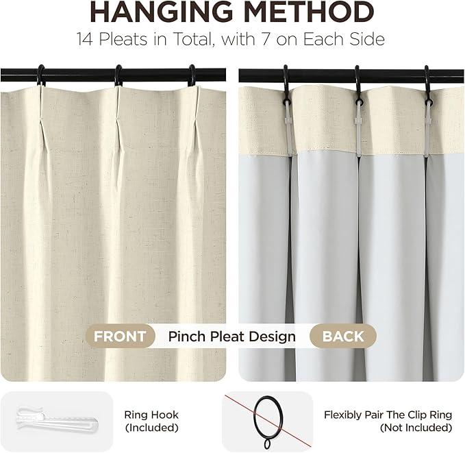 Joydeco Pleated Curtains for Living Room Bedroom, Linen Drapes 90 inch Length 2 Panels Set, Blackout Thermal Insulated Curtain(Linen,40'' Wx90'' L)