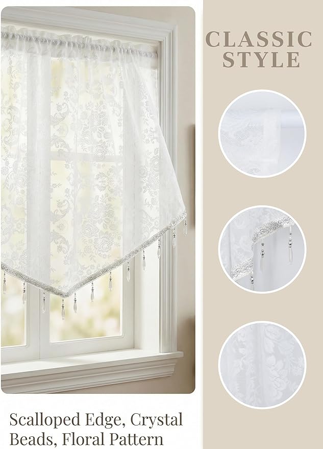 Molaxhome Swag Curtain 51 inch Length Rod Pocket Scalloped Curtain Valance Sheer Lace Panels with Hanging Crystal Beads for Kitchen Bedroom Window Treatments Drape Decor 1pc (Lace White, 51Wx23L)