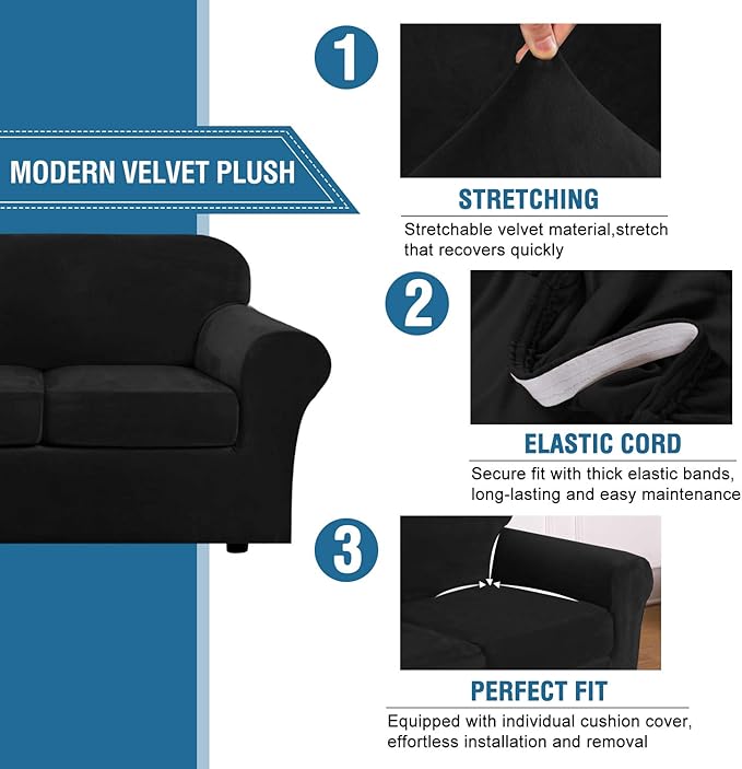 H.VERSAILTEX Real Velvet Plush 3 Piece Stretch Sofa Covers Couch Covers for 2 Cushion Couch Sofa Slipcovers Width Up to 90 Inch Feature Thick Soft Stay in Place (Large Sofa, Black)