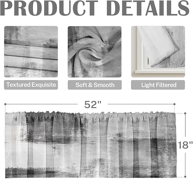 Emvency 4 Pack Valances Window Treatments, Abstract Modern Grey Minimalist Grunge Drapes Adjustable Curtain for Windows Living Room Kitchen Over Sink, 52x18 Inch Rod Pocket Valances