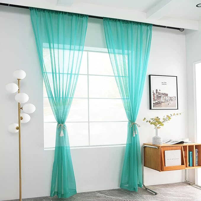 youleyar Solid Sheer Rod Pocket Curtain Voile Draperies 2 Panels White Beige Black Grey Coffee 52 Inch Width 90 Inch Long 1 Pair for Kitchen Bedroom Children Living Room Yard (Turquoise,52Wｘ90L)