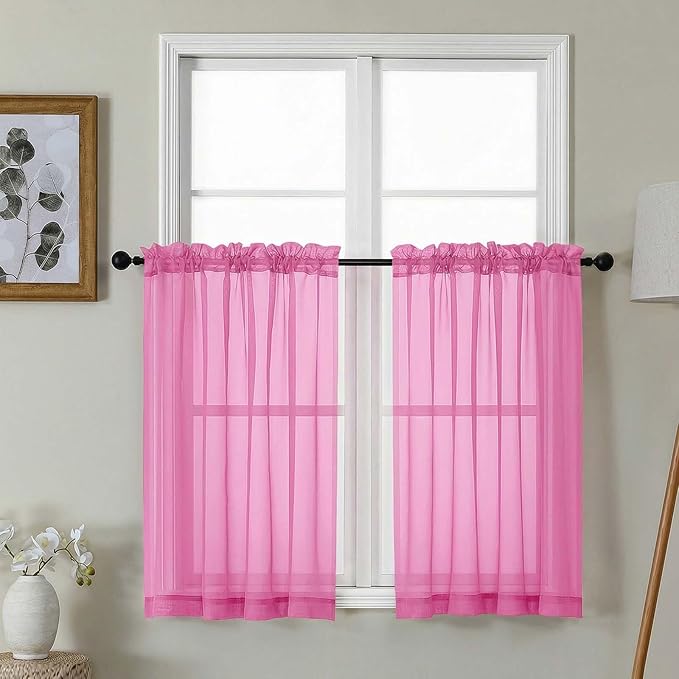 Gwine Short Kitchen Sheer Curtains 36 Inch Length - Light Filtering Voile Small Half Window Curtain for Basement, Rod Pocket Cafe Curtains for Bathroom Cabinet, 42Wx36L Inch, 2 Panels, Hot Pink