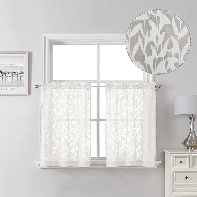 Lecloud Leia Ivory Sheer Kitchen Curtains 24 Inch Length 2 Pcs, Jacquard Textured Leaf Voile Short Curtains with Dual Rod Pocket, Farmhouse Bedroom Living Room Tiers, 40 W x 24 L