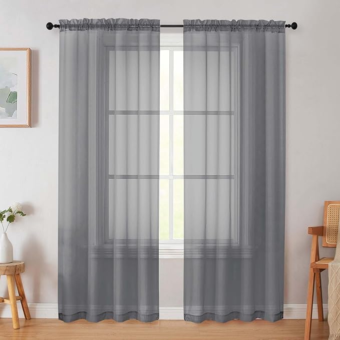 Grey Sheer Curtain for Bedroom Living Room 72 Inches Long 2 Panels Set, Solid Soft Light Filtering Sheer Window Curtains, Modern Rod Pocket Door Curtain, Grey, 42" Wx72 L Inches