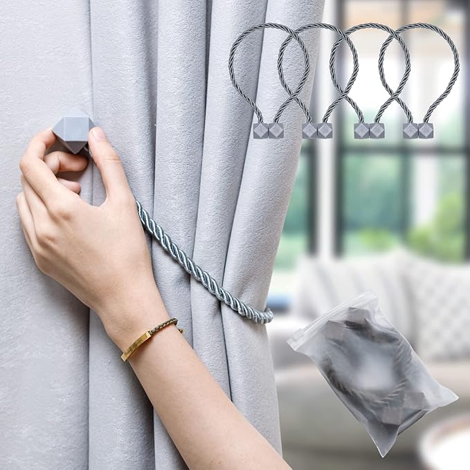 NazTur Magnetic Curtain Tiebacks- Upgrade 2022 with a Thicker Twist Rope & Strong Magnet Tieback Window Treatment Holdbacks Draperies Holders Decorative Drape Handmade Tie Back (Grey, 4)