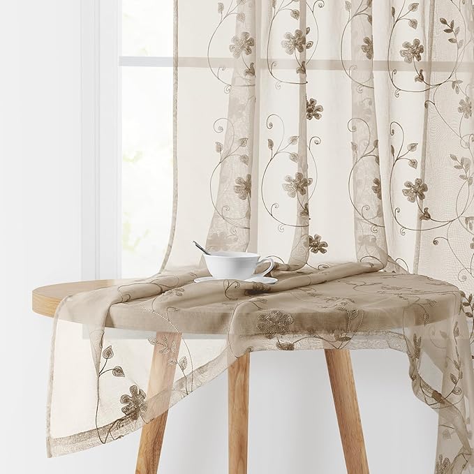 HOMEIDEAS Taupe Sheer Curtains 63 Inches Length 2 Panels Beige Embroidered Floral Pattern Semi Sheer Window Curtains for Bedroom Living Room