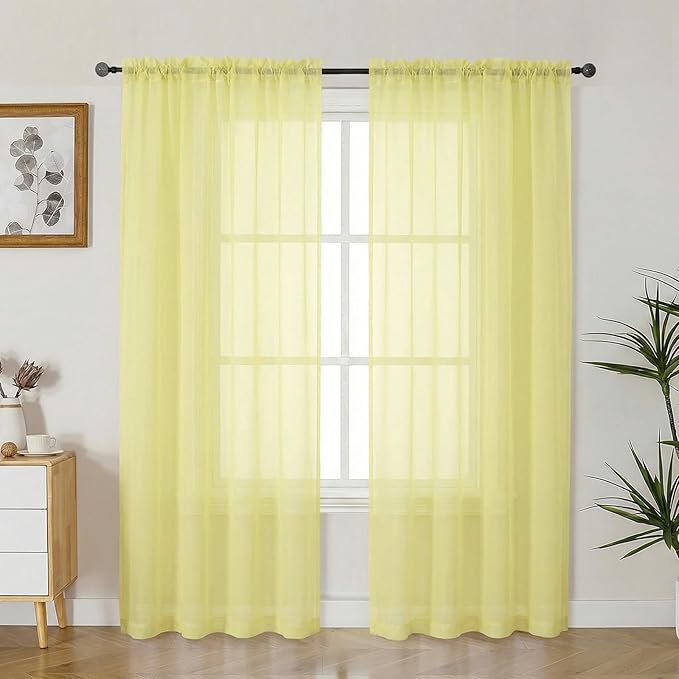 Gwine Sheer Curtains 72 Inch Length - Light Filtering Rod Pocket Window Curtain Panels for Bedroom, Elegant Soft Voile Living Room Sheer Drapes, Each 42Wx72L, 2 Panels, Lemon