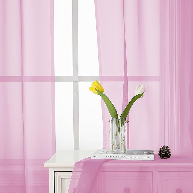 Lecloud Light Pink Sheer Curtains 45 Inch Length 2 Panels, Airy Voile Curtains for Windows, Farmhouse Light-Filtering Curtain for Bedroom Bathroom Kitchen, Each Panel 42 X 45 Inch