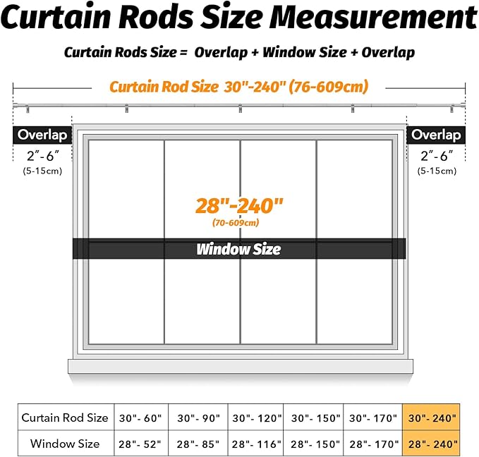 GEEBOBO Silver Curtain Rods for Windows 120 to 240 Inch, 1 Inch Extra Long Heavy Duty Easy Install Adjustable Curtain Rods Set for Outdoor, Farmhouse, Bedroom, Living Room (Silver, 30"-240")