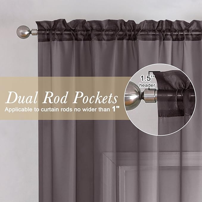 Lecloud Chocolate Sheer Curtains 54 Inch Length 2 Panels, Voile Curtains for Bedroom with Rod Pocket, Light Filtering Gauzy Window Treatments for Basement Bathroom, Each Panel 42 X 54 Inch