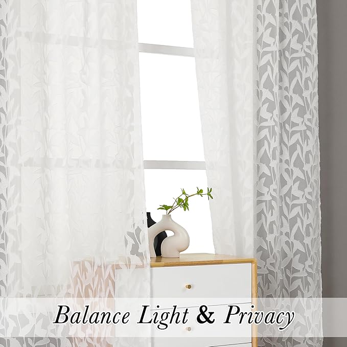 Lecloud Leia Ivory Sheer Curtains 90 Inches Long 2 Panels, Airy Voile Jacquard Leaf Textured Curtains, Light-Filtering Farmhouse Rod Pockets Curtain Drapes for Bedroom Living Room, 52" W x 90" L