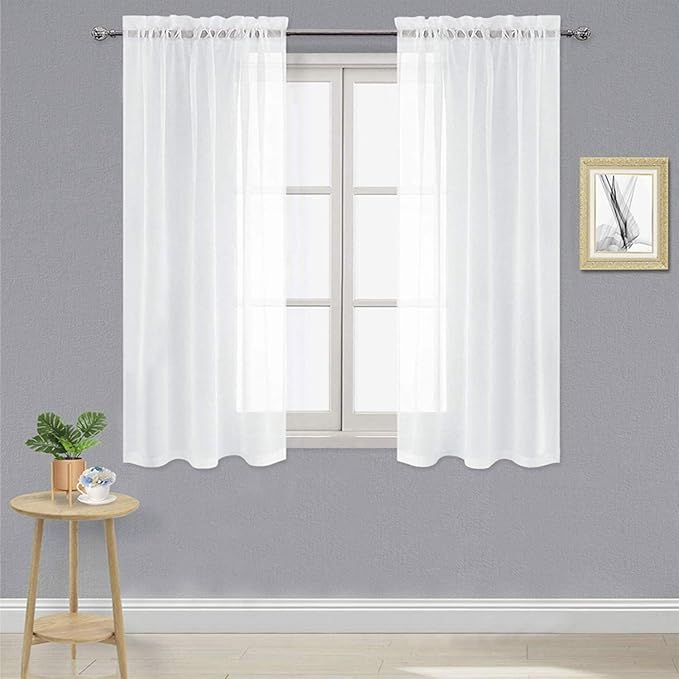 DWCN Sheer White Curtains 54 inch Length, Rod Pocket Solid Color Window Treatment with Light Filtering, Short Elegant Curtains & Drapes for Living Room, Bedroom, 2 Panels, Each W42 x L54