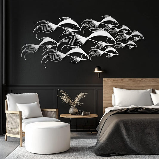 School of Fish Metal Wall Art, Metal Fish Wall Decor, Sea Life Wall Art, Large Nautical Wall Hanging, Modern Beach House Wall Decor, Ocean Themed Artwork for Bathroom (Silver, 30"x12" | 76x32cm)