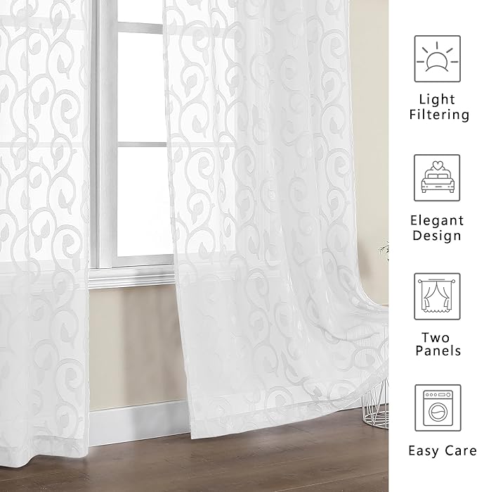 OWENIE Furman Sheer Curtains 72 inches Long 2 Panels Set, Light Filtering Top Rod Pocket Semi Sheer White Curtains Door Curtains, Geometric Jacquard Clip Design for Bedroom Living Room, 40Wx72L inch
