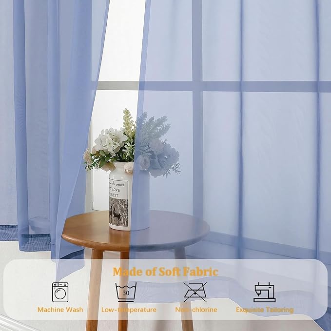 Gwine Denim Blue Sheer Kitchen Curtains 36 Inch Length - Light Filtering Voile Soft Airy Small Cafe Curtains, Short Window Curtain for Bathroom Basement, 42Wx36L inch, 2PCS