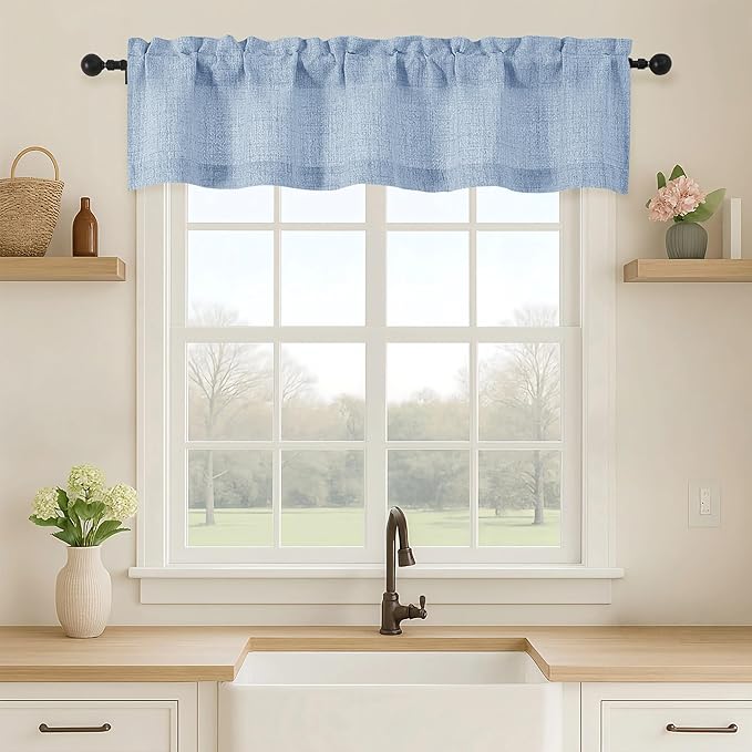 OVZME Valance for Windows, Light Filtering Faux Linen Textured Small Short Valance Kitchen Curtain, Dual Rod Pocket Top Short Window Curtain for Bathroom Basement Farmhouse, 52Wx12L Inch, Demin Blue