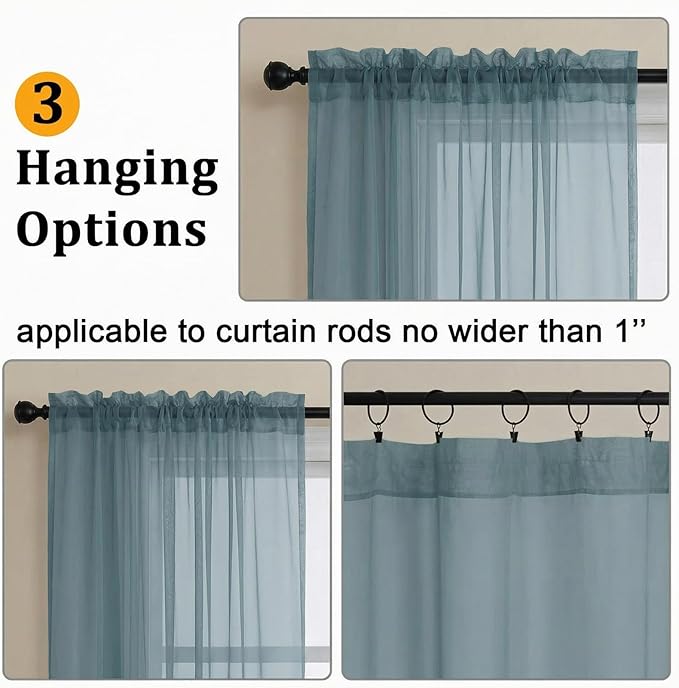 Gwine Short Kitchen Sheer Curtains 36 Inch Length - Light Filtering Voile Small Half Window Curtain for Basement, Rod Pocket Cafe Curtains for Bathroom Cabinet, 42Wx36L Inch, 2 Panels, Dusty Blue