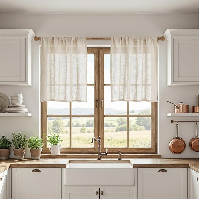 MYSKY HOME Short Linen Curtains 36 Inch Length for Kitchen Window, Over Sink Semi Sheer Light Filtering Panels Rod Pocket Tiers Drapes for Basement Bathroom Window, 2 Panels, Linen, 30 x 36 Inch