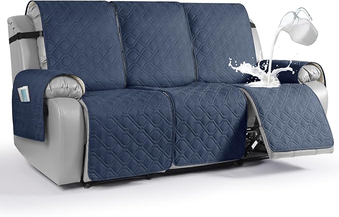 VANSOFY Waterproof Recliner Couch Covers, Sofa Covers 1-Piece Washable Reclining Sofa Cover Non-Slip Furniture Protector with Elastic Straps Pocket for Dogs, Pets(Navy Blue,3 Seater)