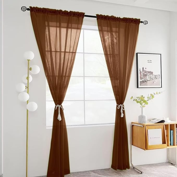SpaceDresser Basic Rod Pocket Sheer Voile Window Curtain Panels Brown 1 Pair 2 Panels 52 Width 36 Inch Long for Kitchen Bedroom Children Living Room Yard（Brown, 52W x 36L）
