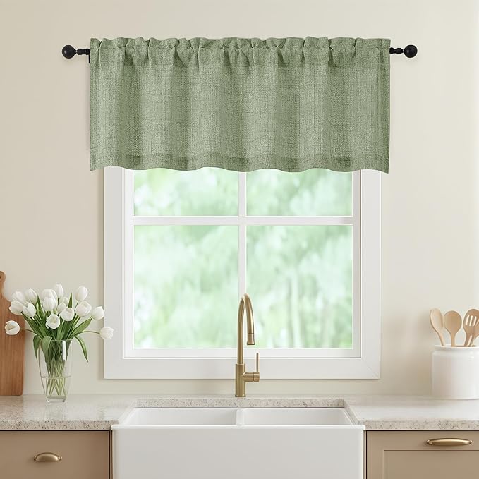 Sage Green Valances for Windows, Light Filtering Faux Linen Textured Small Short Window Curtain for Bathroom Basement Farmhouse, Rod Pocket Top Half Curtains for Windows, 60" Wx18 L