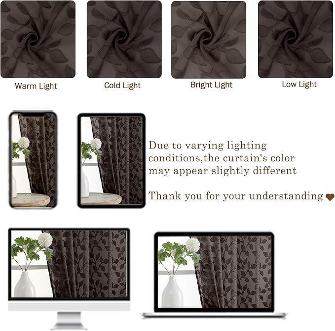 Chyhomenyc Chocolate Sheer Curtains 54 Inch Length for Living Room 2 Panels Set, Light Filtering Tufted Textured Soft Airy Rod Pocket Leaf Window Treatment Drapes for Bedroom, 42" Wx54 L, 2PCS