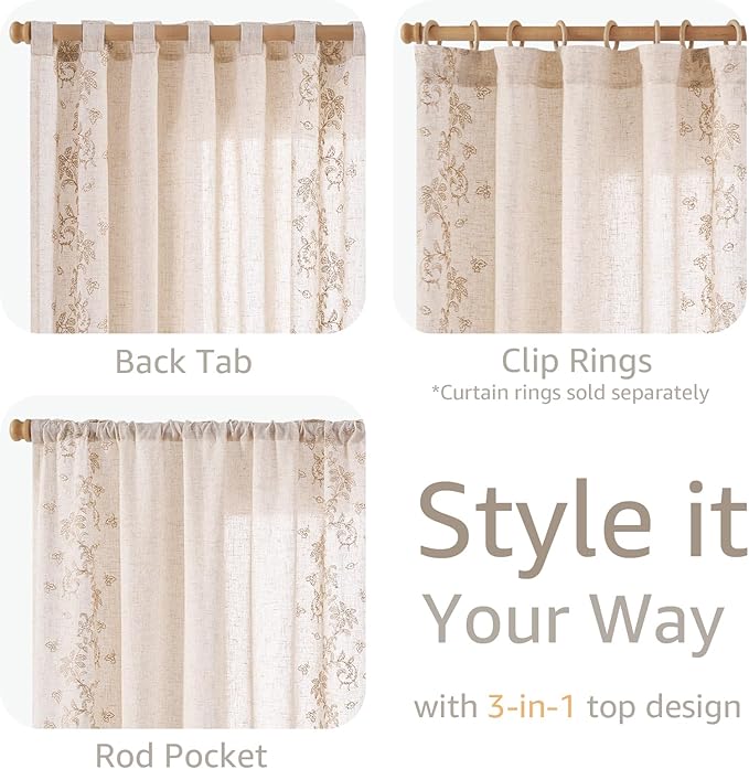 jinchan Evelyn Embroidered Linen Curtains 63 inch Floral Curtains for Living Room Bedroom Farmhouse Cottagecore Semi Sheer Light Filtering Window Drapes Rod Pocket Back Tab 2 Panels W50 x L63 Beige