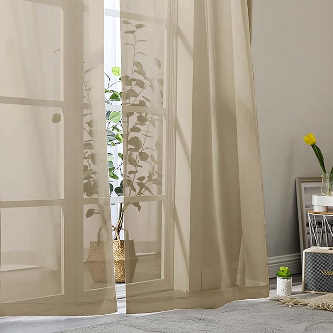 Taupe Sheer Curtains for Bedroom Living Room 45 Inch Length 2 Panels, Soft Airy Light Filtering Small Kitchen Window Curtains, Rod Pocket Short Curtain Drapes, Taupe, 42" Wx45 L Inches