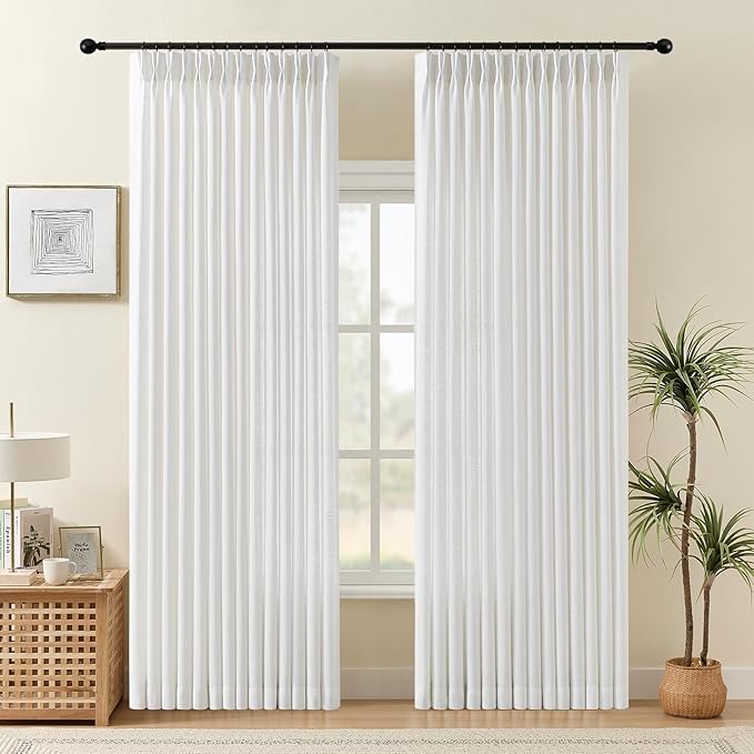 IVAPUPU 90 Inch Linen Curtains for Living Room, Pinch Pleated Curtain Linen Blend Light Filtering Memory Trained Semi Sheer Drapes with Hooks Rings for Bedroom Dining Room, 40x90, Snow White, 2 Panel