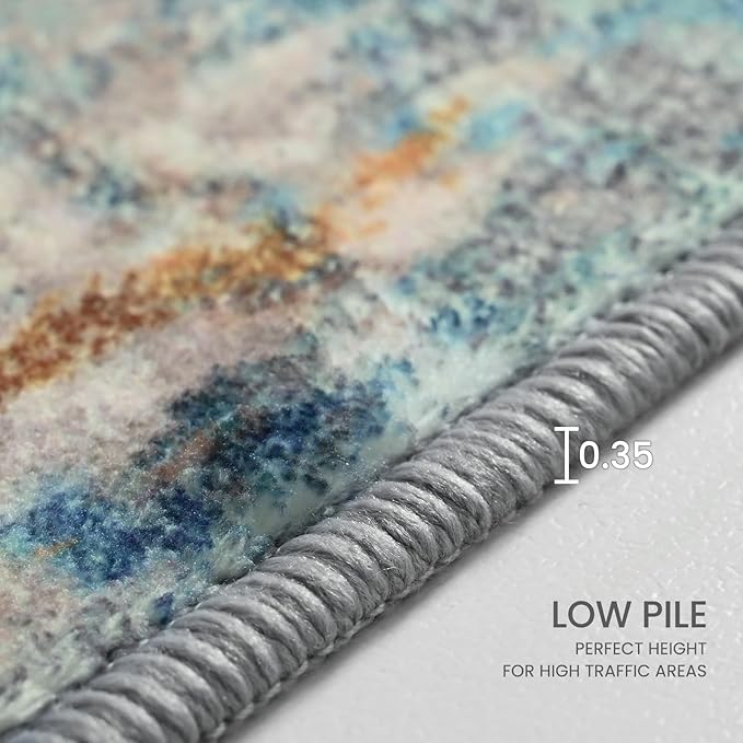 Ompaa Living Room Rug 8x10 Blue Area Rugs Machine Washable Abstract Boho Large Carpet Non-Slip Non-Shedding Faux Wool Indoor Vintage Rugs for Bedroom, Classroom, Dining Room, Kids Playroom