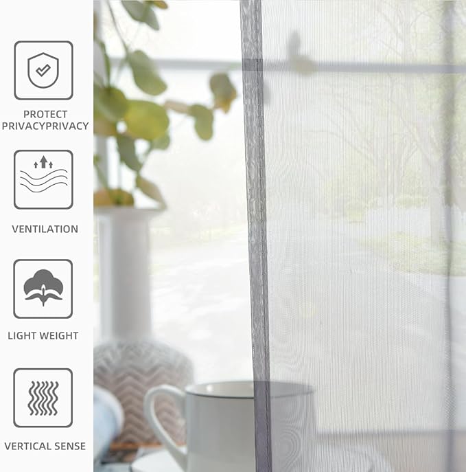youleyar Solid Sheer Rod Pocket Curtain Voile Draperies 2 Panels White Beige Black Grey Coffee 38 Inch Width 84 Inch Long 1 Pair for Kitchen Bedroom Children Living Room Yard(Grey,38Wｘ84L)