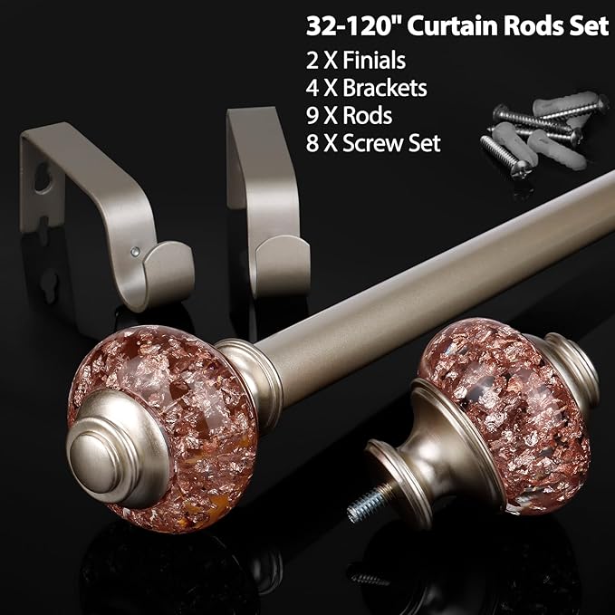 7/8 Inch Curtain Rods for Windows 66 to 120 Inch, USFOOK Telescoping Splicing Drapery Rods, Decoration for Home with Rose Gold Decorative Translucent Finials