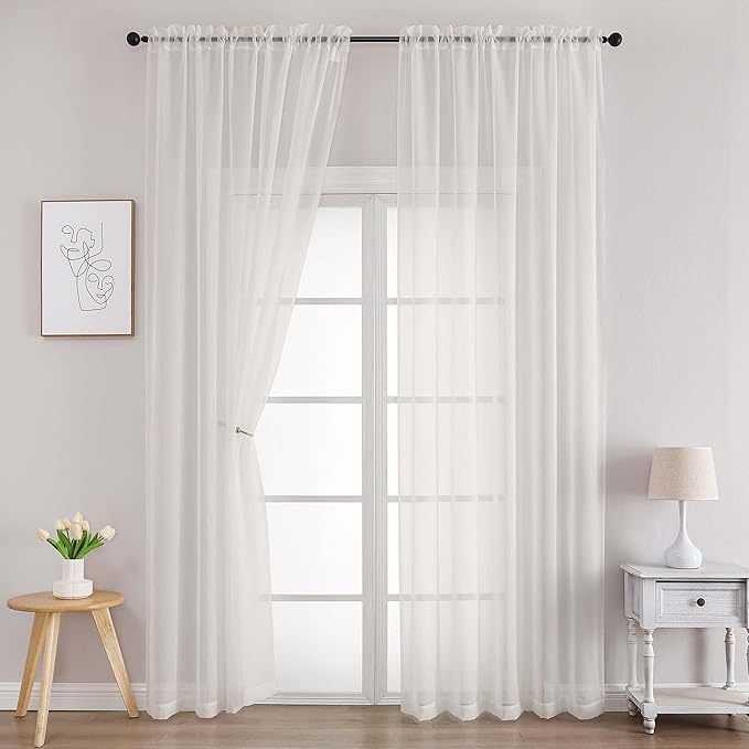 Sheer Ivory Curtains for Bedroom Living Room 90 Inches Long 2 Panels Set, Soft Airy Light Filtering Sheer Window Treatments, Modern Rod Pocket Curtains Drapes, Each 59" Wx90 L Inch