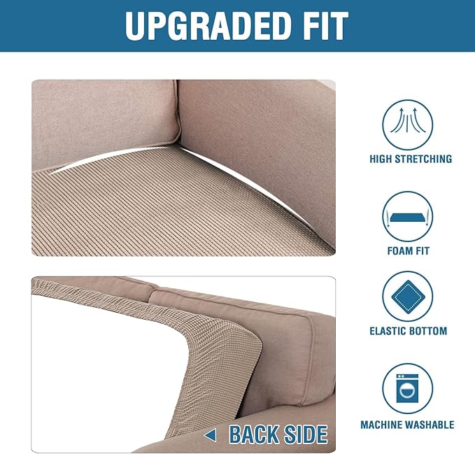 H.VERSAILTEX Super Stretch Individual Seat Cushion Covers Sofa Covers Couch Cushion Covers Slipcover Sets Thick Jacquard Textured Twill Fabric (2 Piece Medium Sofa Cushion Covers, Sand)