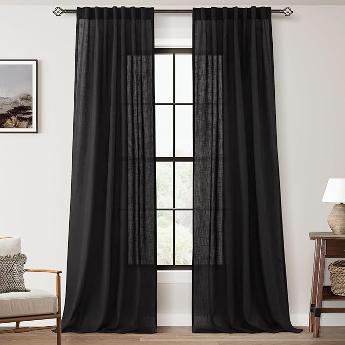 Black Linen Curtains 132 inches Long for Bedroom Back Tab Light Filtering Privacy Semi Sheer Black Curtains Living Room Boho Rustic Farmhouse Cotton Textured Gauze Curtain 2 Panel Set
