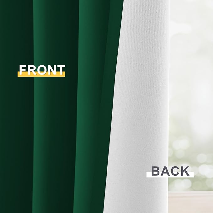 Yakamok 100% Blackout Curtain Panels 63 inches Cold and Light Blocking Drapes for Nursery, 2 Thick Layers Thermal Insulated Draperies (2 Pieces, 50 Wide Each Panel, Dark Green/White Backing)