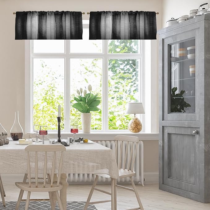 Emvency 2 Pack Valances Window Treatments, Black and Grey Striped Abstract Blackout Drapes Adjustable Curtain for Windows Living Room Kitchen Over Sink, 52x12 Inch Rod Pocket Valances