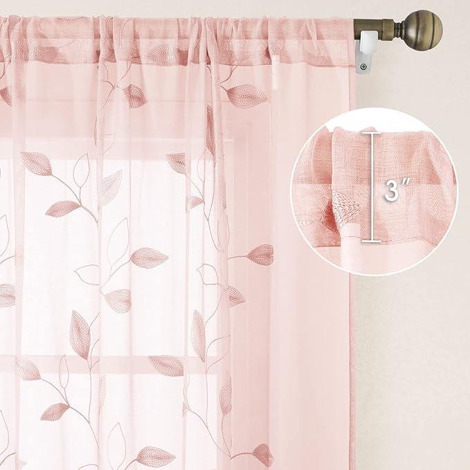 HOMEIDEAS Blush Pink Sheer Curtains 52 X 84 Inches Length 2 Panels Embroidered Leaf Pattern Pocket Faux Linen Floral Semi Sheer Voile Window Drapes for Bedroom Living Room