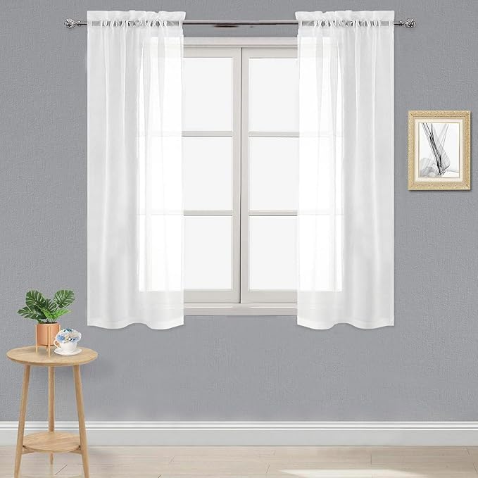 DWCN Sheer Curtains Semi Transparent Voile Rod Pocket Curtains for Bedroom and Living Room, White, 28 x 54 inches Long, Set of 2 Panels