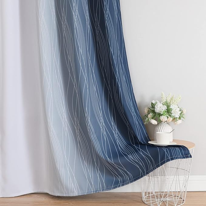 Estelar Textiler Full Room Darkening Greyish White and Navy Blue Blackout Curtains 45 Inch Length 2 Panels Set,Ombre Thermal Insulated Full Light Blocking Grommet Blackout Drapes for Kitchen,52Wx45L