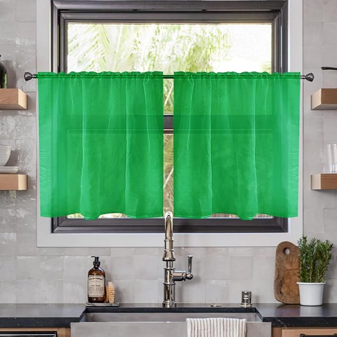 youleyar Solid Sheer Rod Pocket Curtain Voile Draperies 2 Panels White Beige Black Ivory Coffee 26 Inch Width 30 Inch Long 1 Pair for Kitchen Bedroom Children Living Room Yard(Green,26W x 30L)